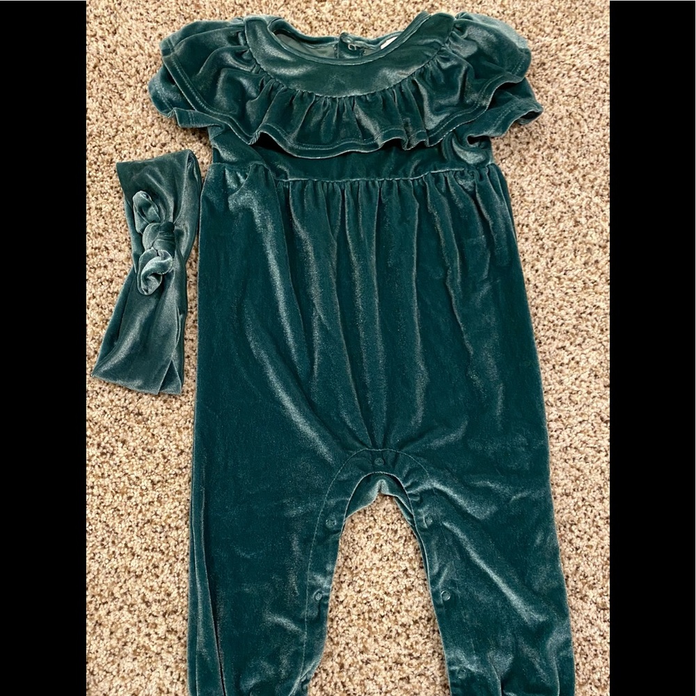 Girls 12 Month Velvet Green Jumpsuit w/headband
